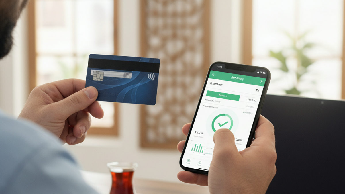 Bir kişinin akıllı telefonundan güvenli banka transferi işlemi yapmasını gösteren bir görsel.